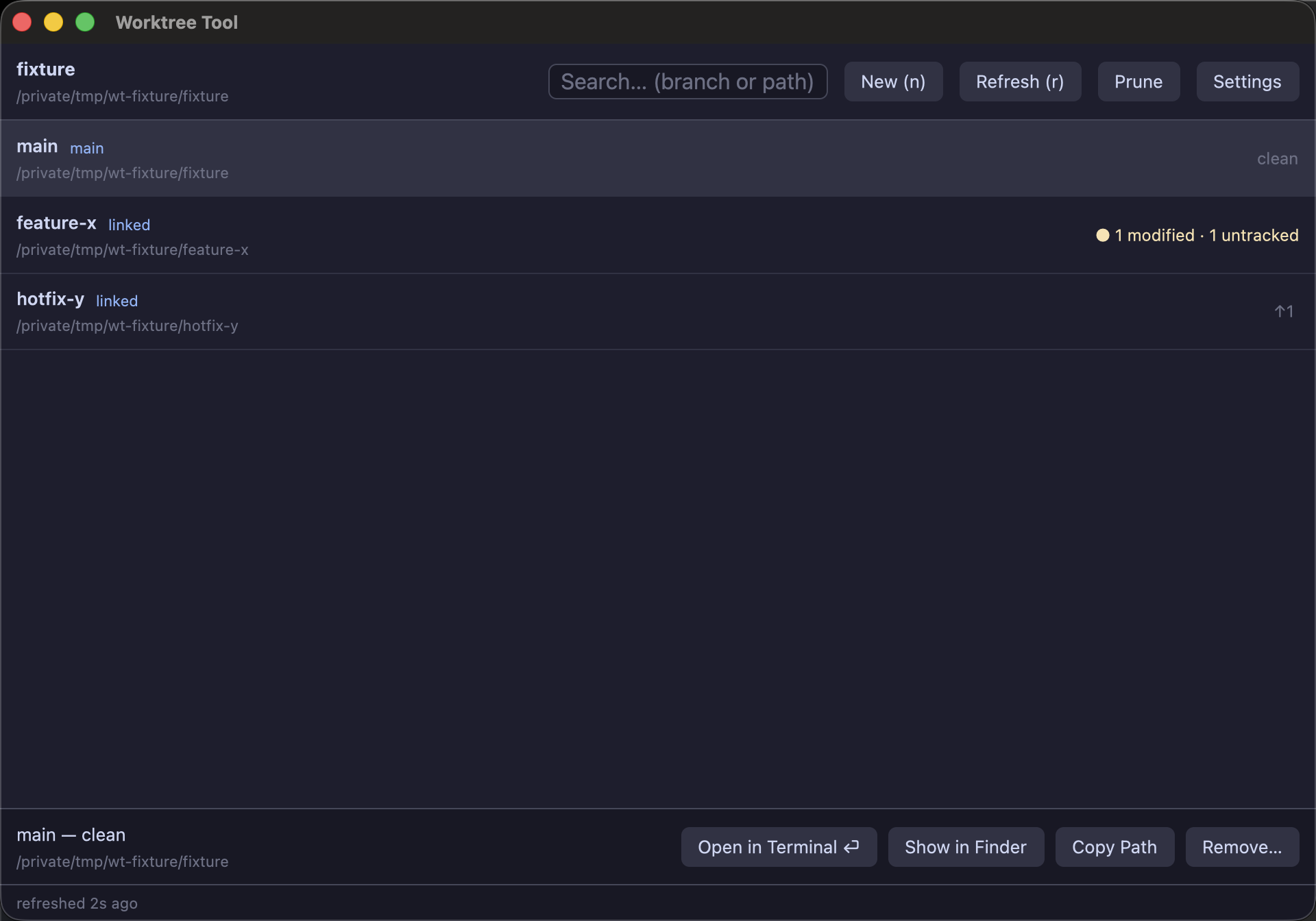 worktree-tool showing a repository with three worktrees, one clean, one dirty, one ahead